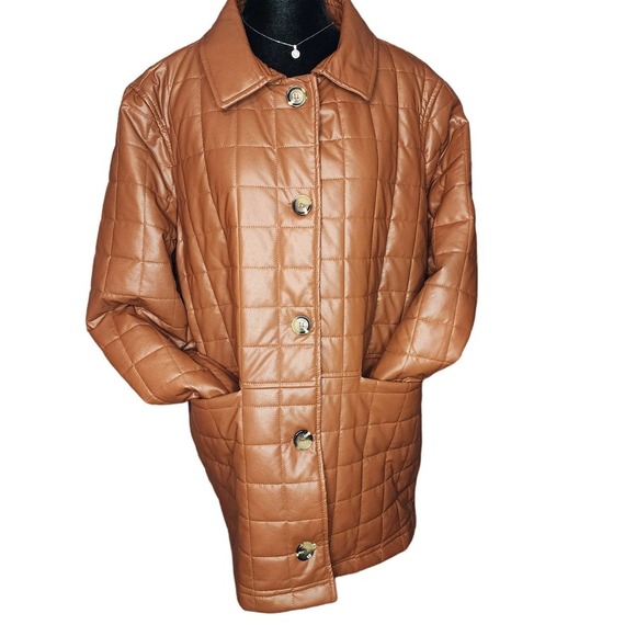 Sam Edelman NWOT XL Cognac Brown Faux zlesther Womans Quilted Pattern Jacket - Picture 2 of 11